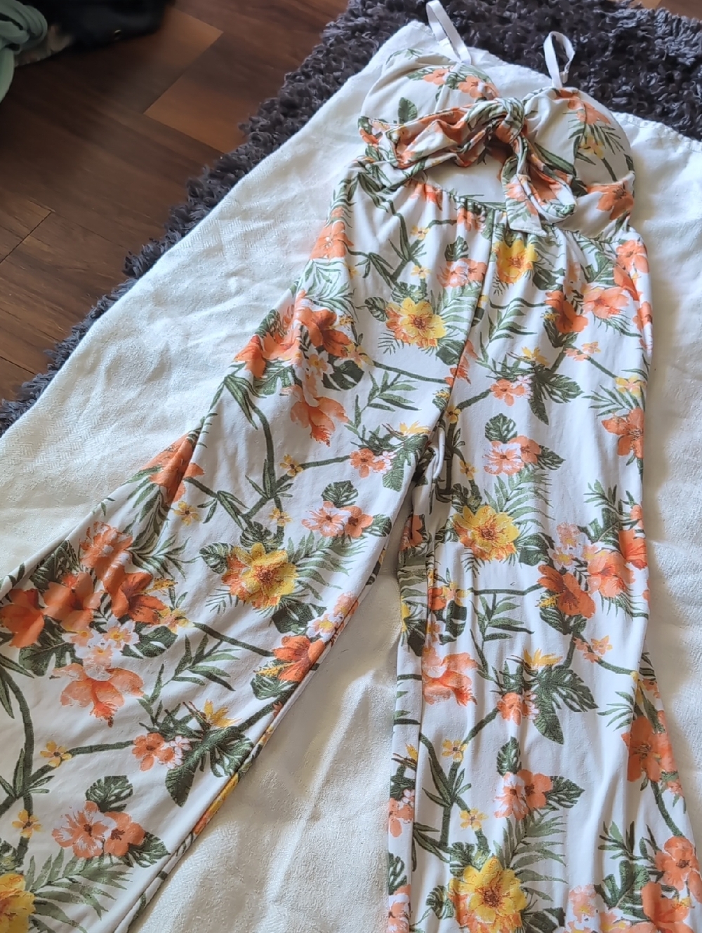 Floral Tie-Front Wide-Leg Jumpsuit - White with Orange & Yellow Bloom